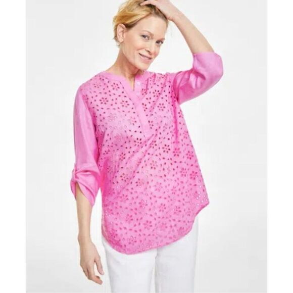 Linen Charter Club Pink Eyelet Button Front Top Size Small New - Picture 1 of 5